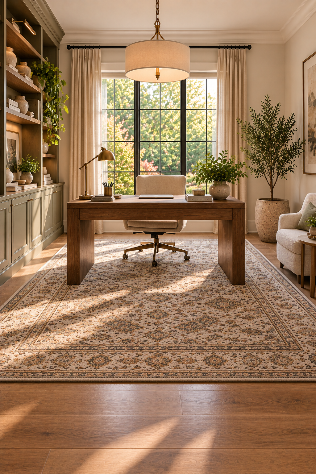 Correct home office rug size with desk and office chair positioned on the rug