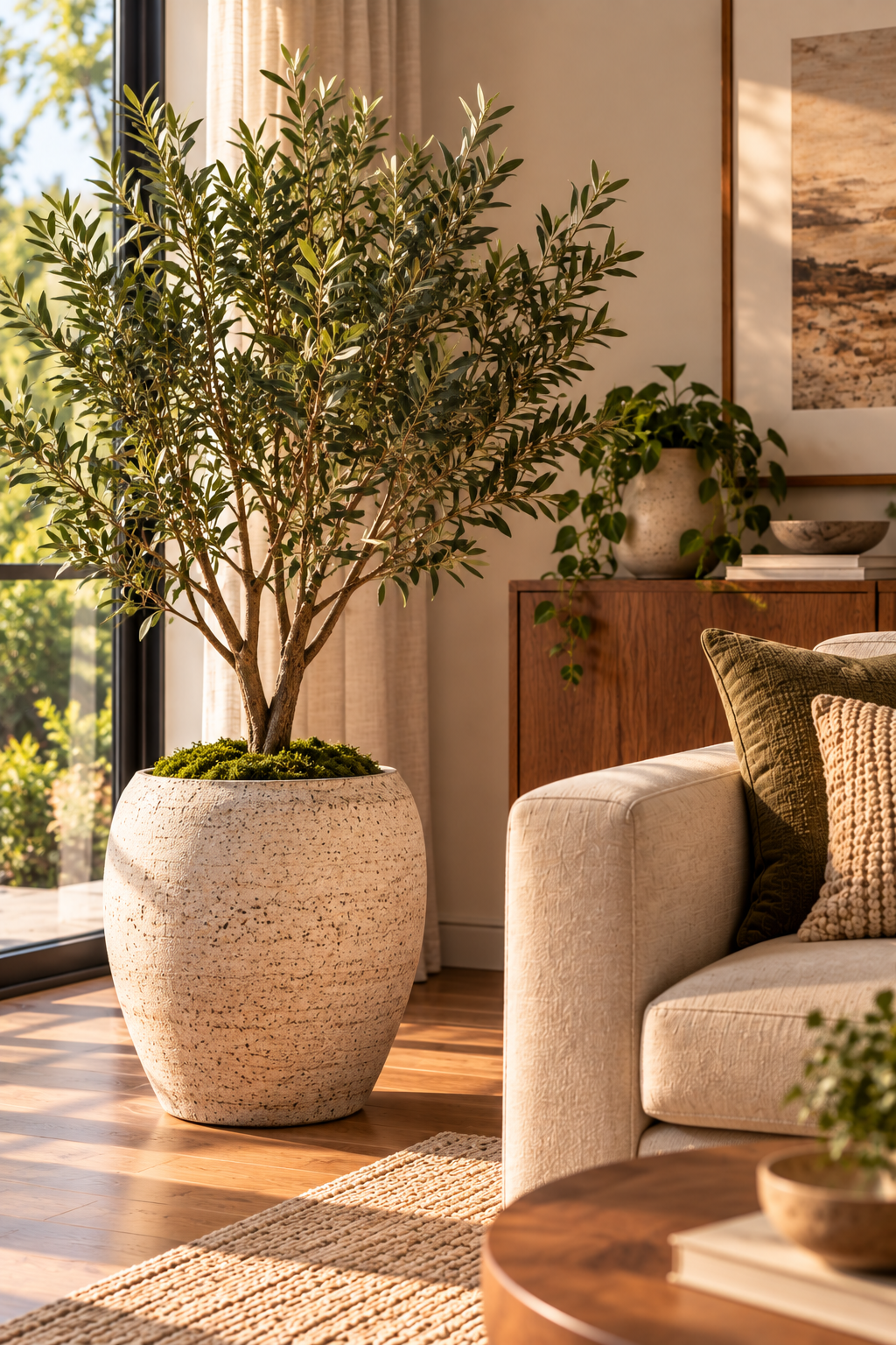 Large indoor planter bringing greenery and warmth to a minimalist living room