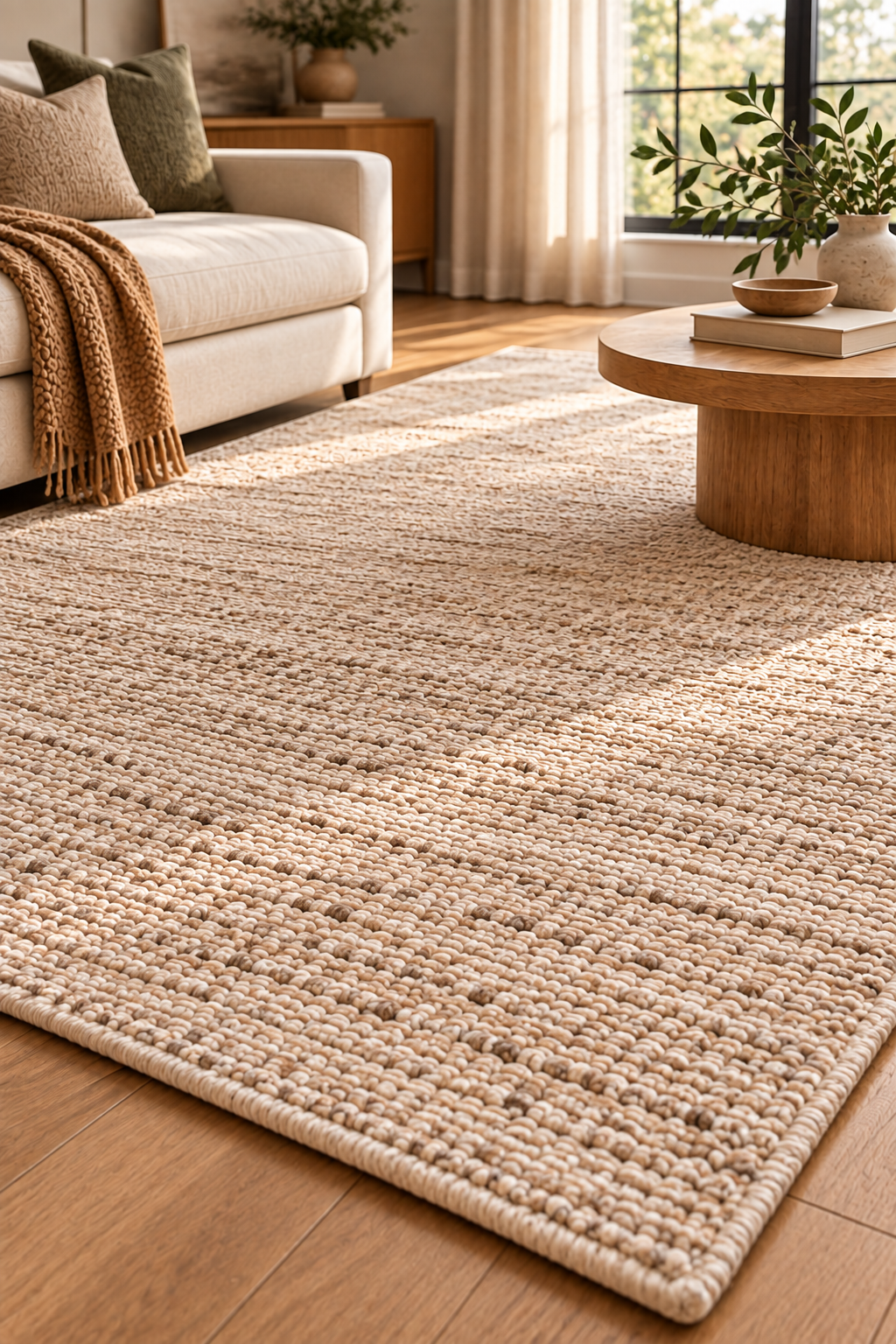 Large textured area rug for warm minimalist decorating ideas