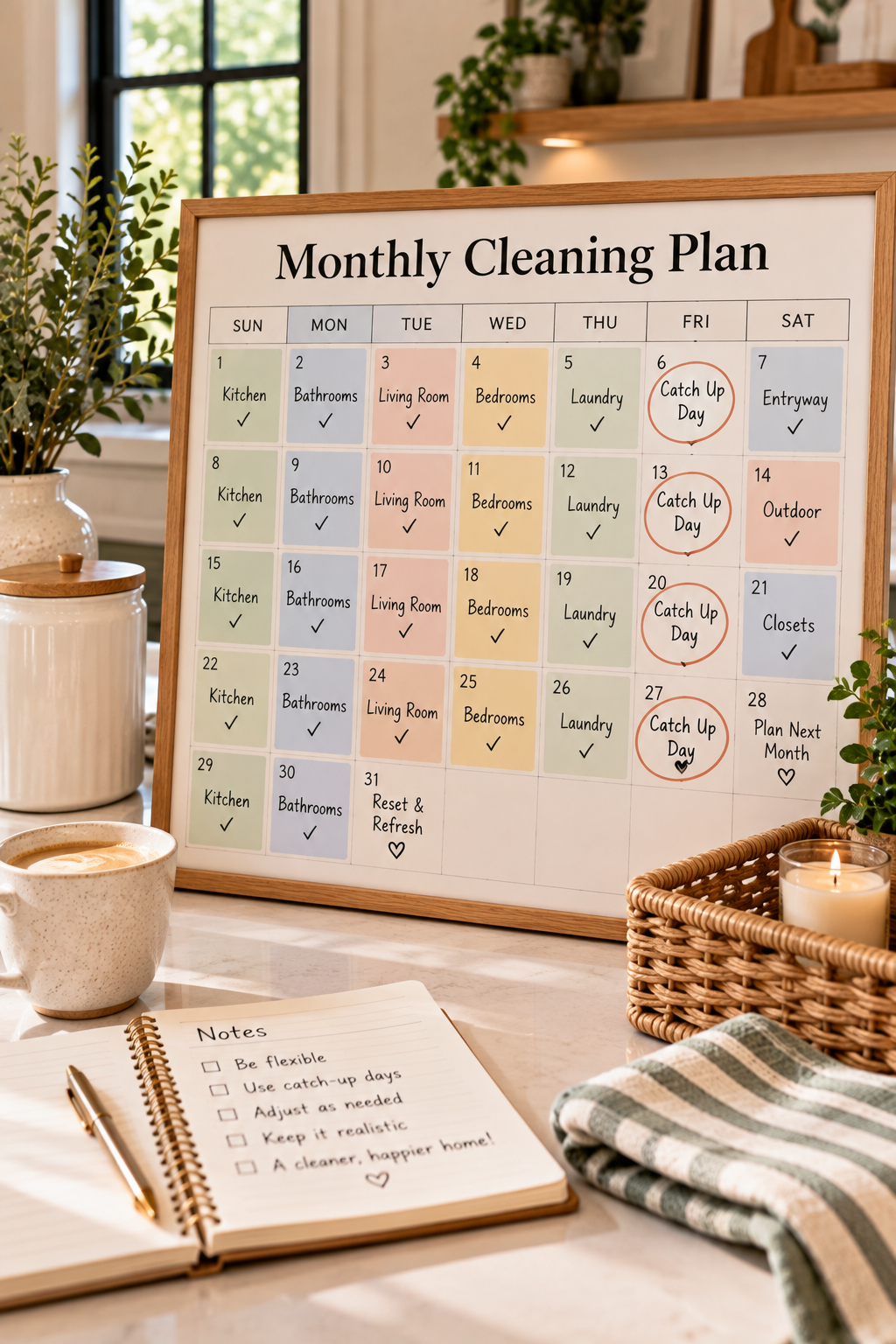 Home cleaning schedule with flexible catch-up days for missed household cleaning tasks