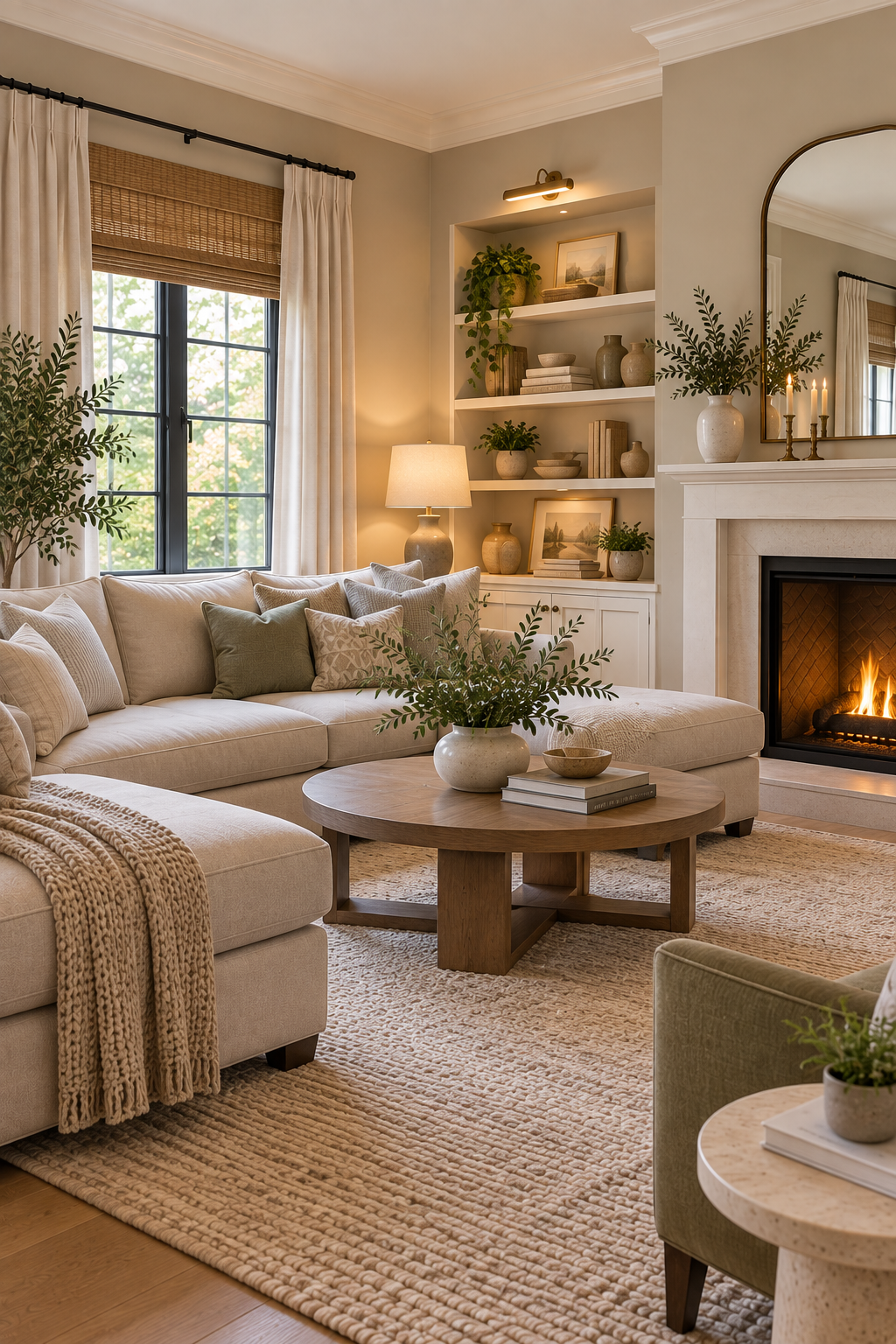 Light greige walls helping a low-light living room feel brighter warm and balanced