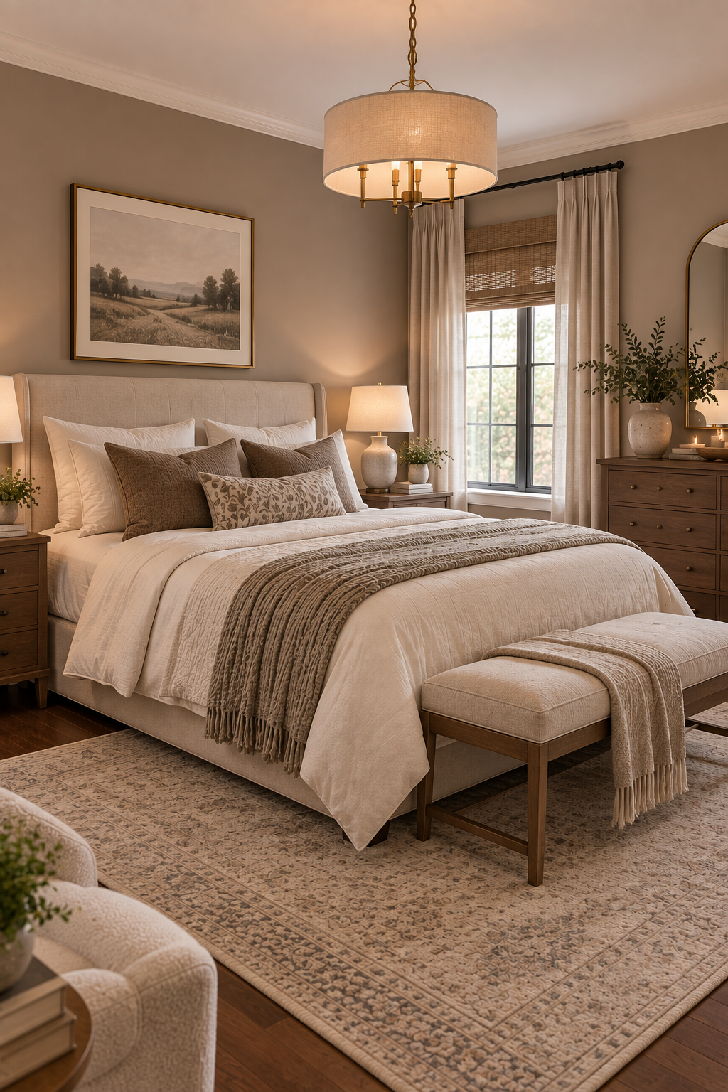 Light taupe walls creating a warm elegant and brighter feeling in a low-light bedroom