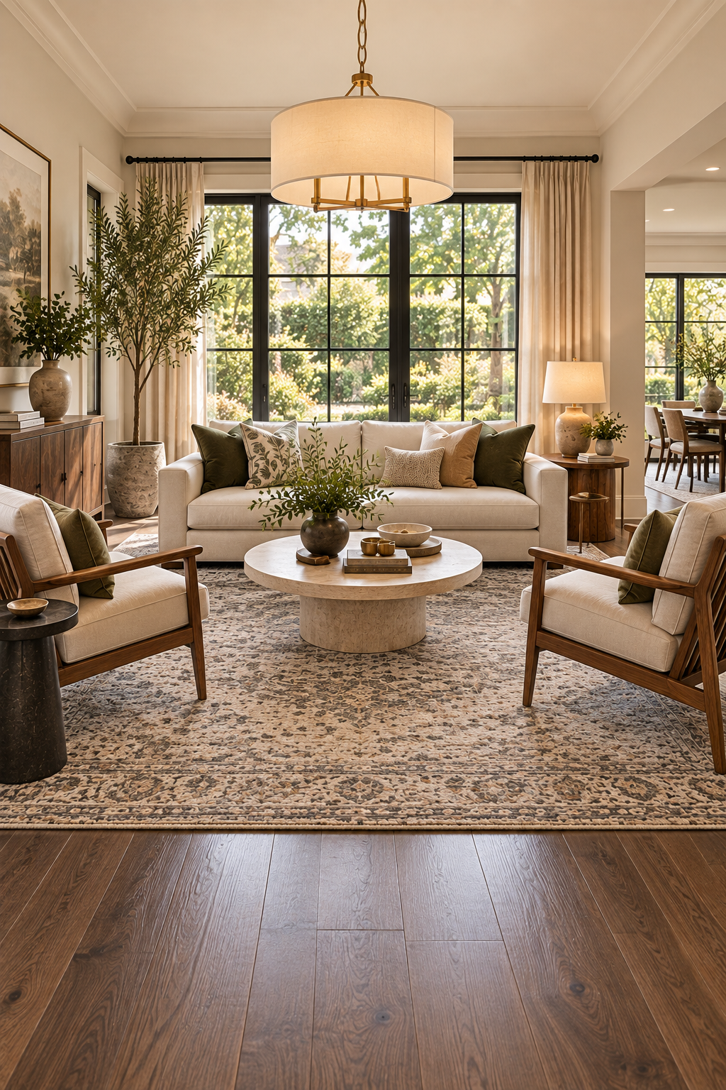 Correct living room rug size with sofa and chairs anchored on the rug