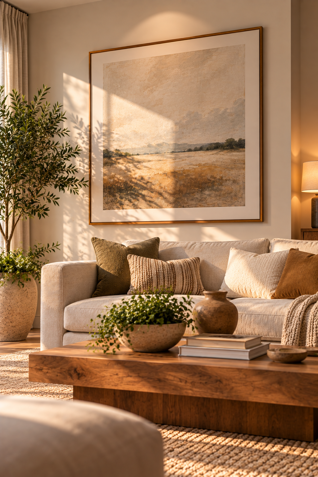 Oversized minimalist framed wall art adding character to a warm minimalist living room