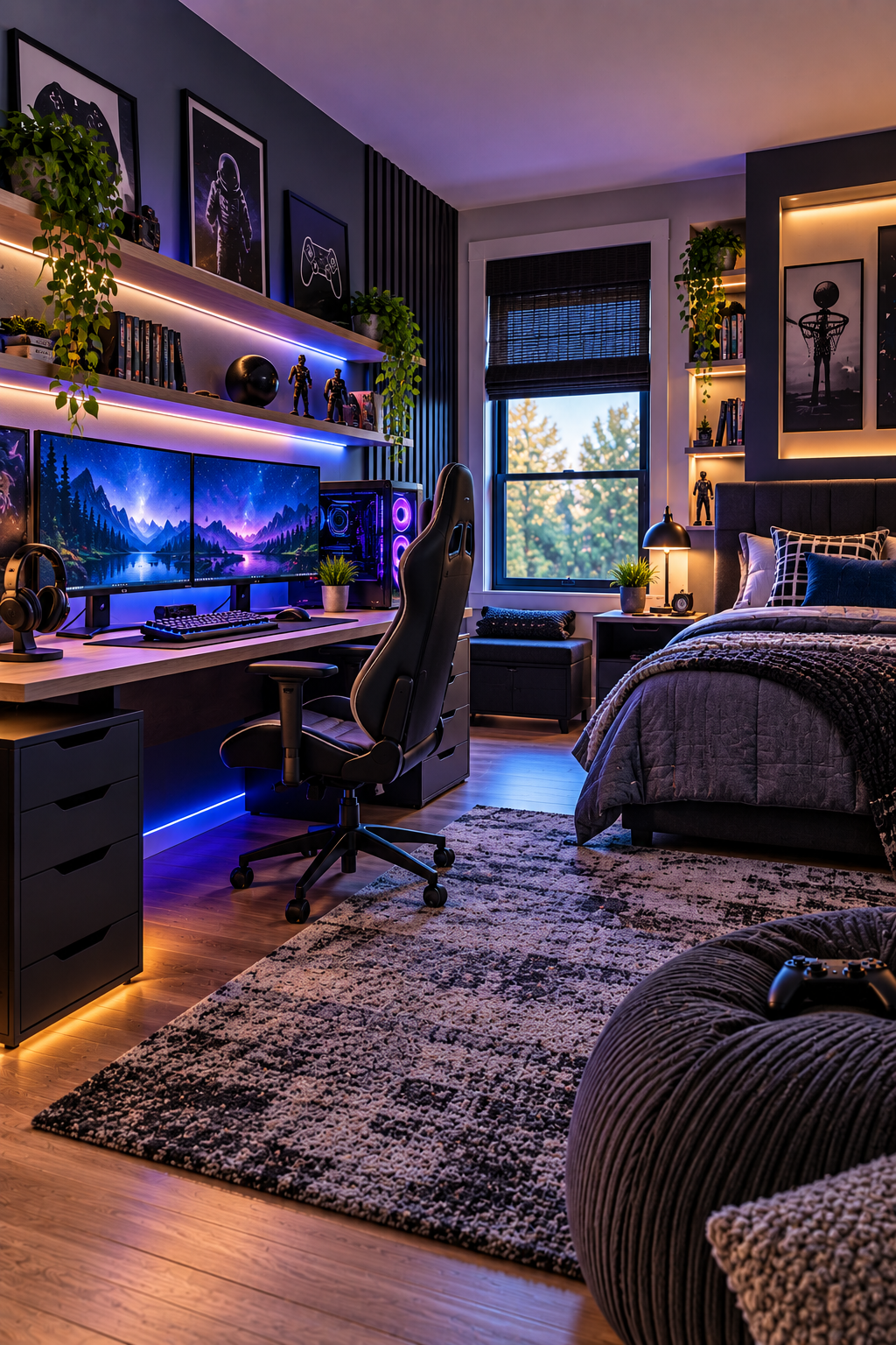 modern gamer kids bedroom with gaming desk, dual monitors and LED lighting
