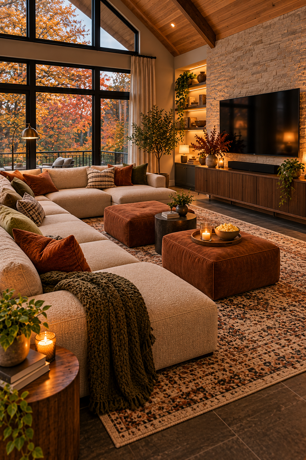 modular sectional and movable poufs layout for cozy fall movie nights