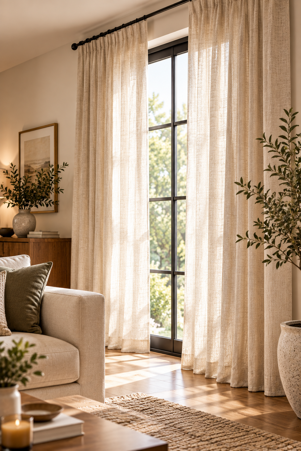 Natural linen curtains adding soft texture and warmth to a minimalist living room