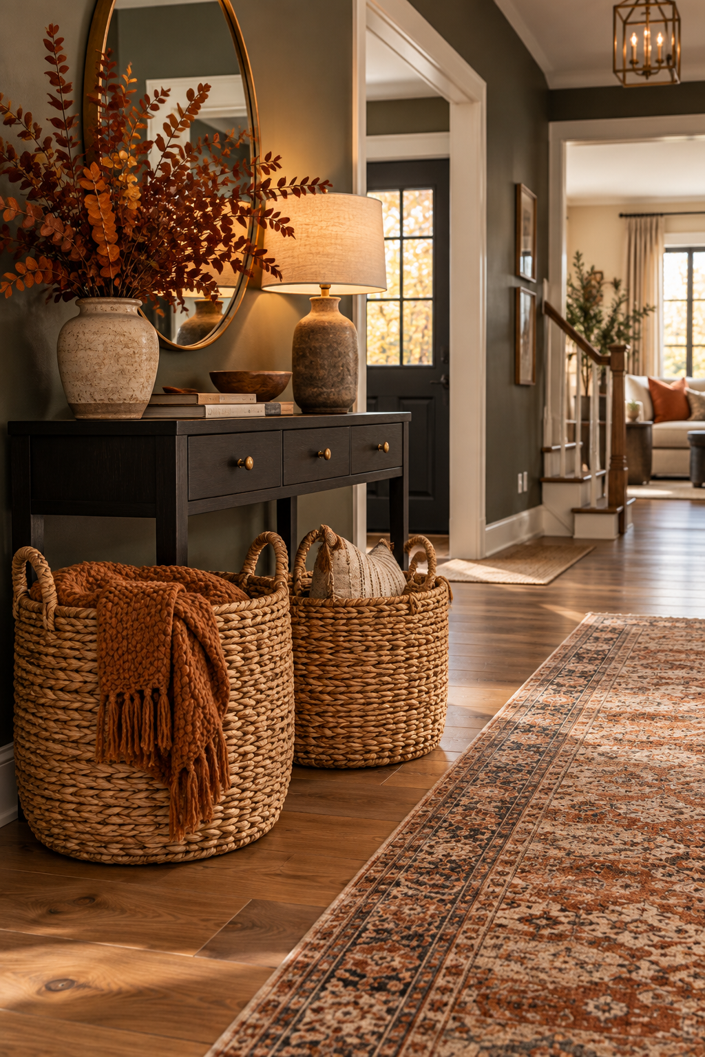 natural woven storage baskets adding texture to fall home decor