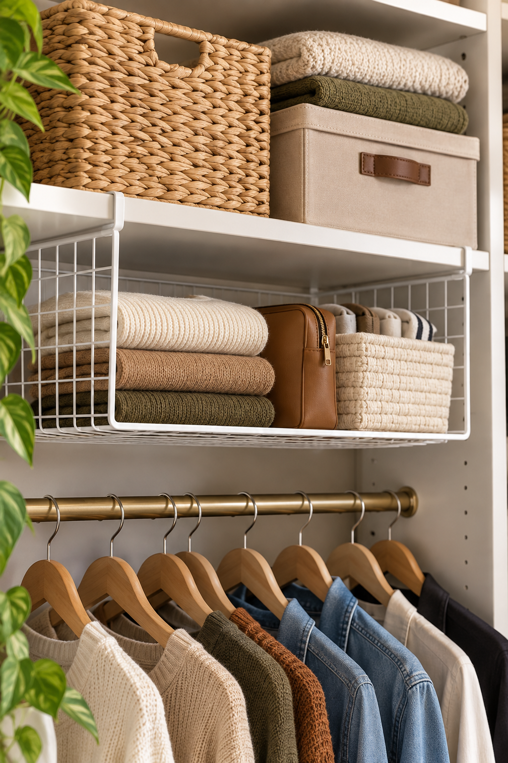 under shelf hanging basket creating extra storage space on a closet shelf