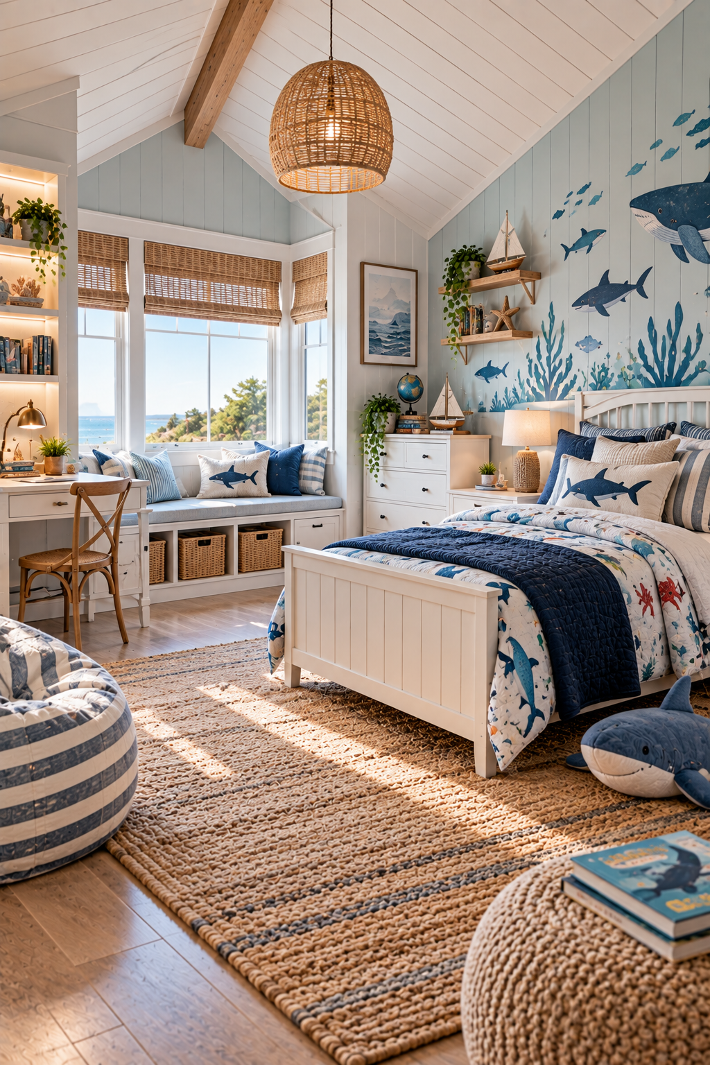 ocean explorer kids bedroom with sea life wall decor and coastal bedding