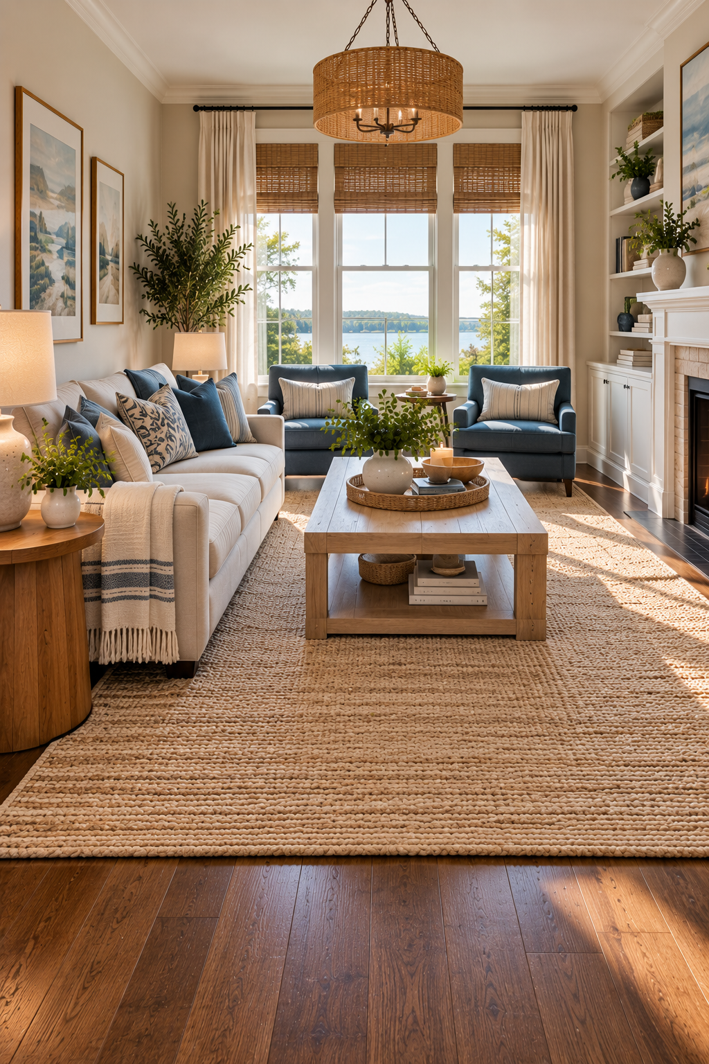 One large area rug helping a small living room feel bigger