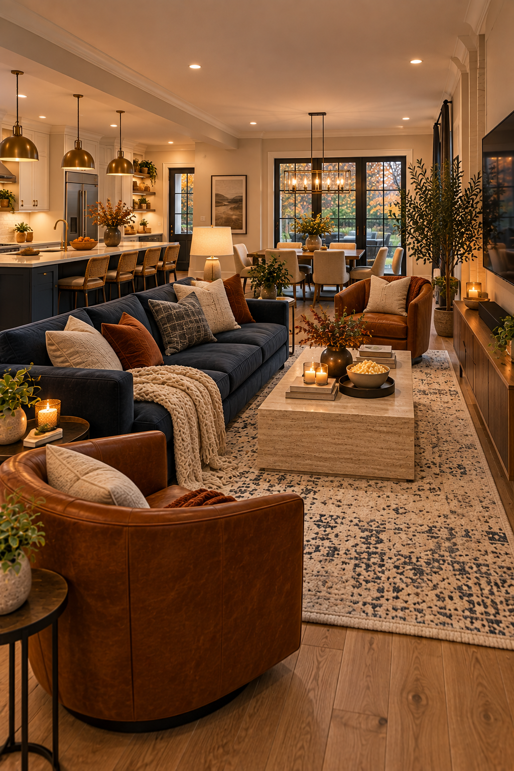 open-concept living room layout with a defined movie zone for fall movie nights