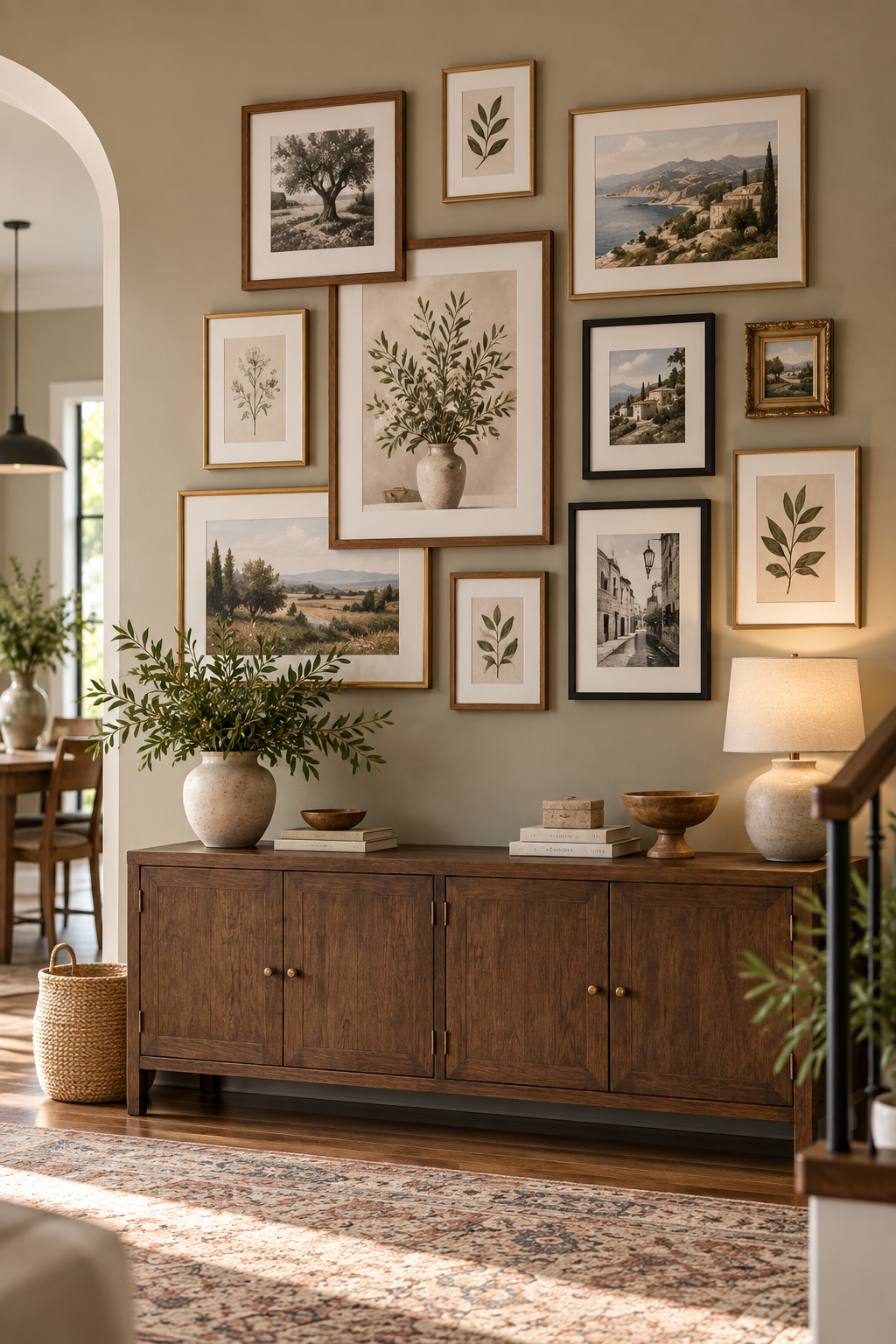organic gallery wall layout with mixed size picture frames