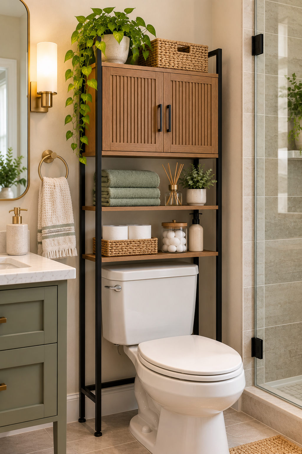 Over-the-toilet storage unit organizing towels and bathroom essentials in a small bathroom