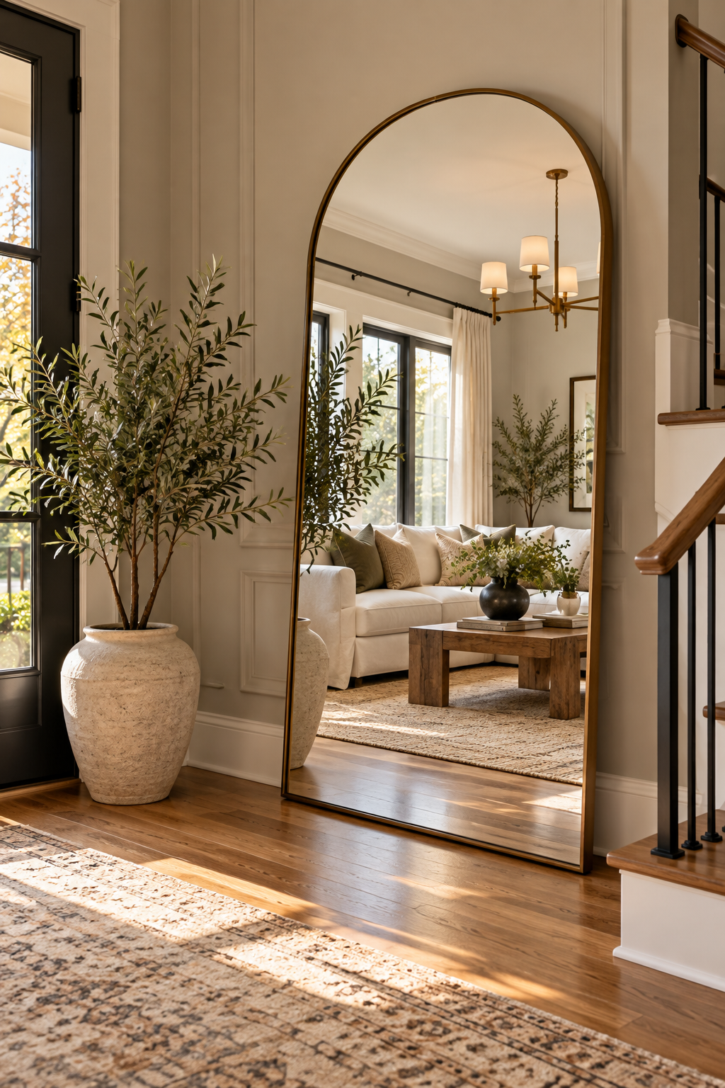 budget-friendly room makeover with oversized arched floor mirror