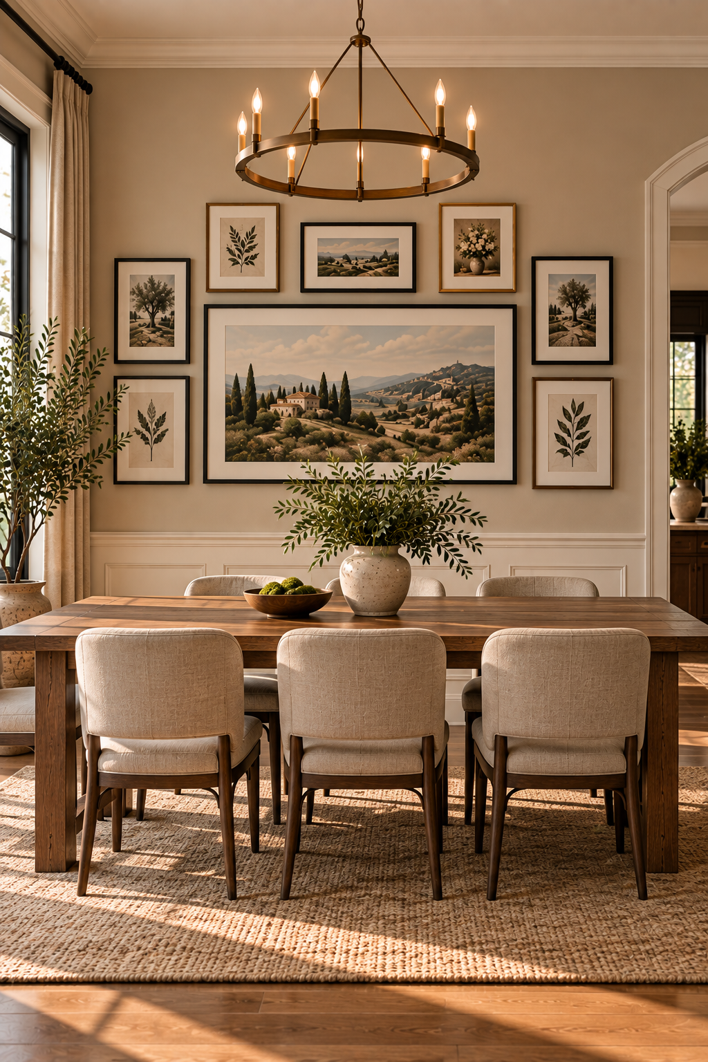 gallery wall layout with oversized centerpiece surrounded by smaller picture frames