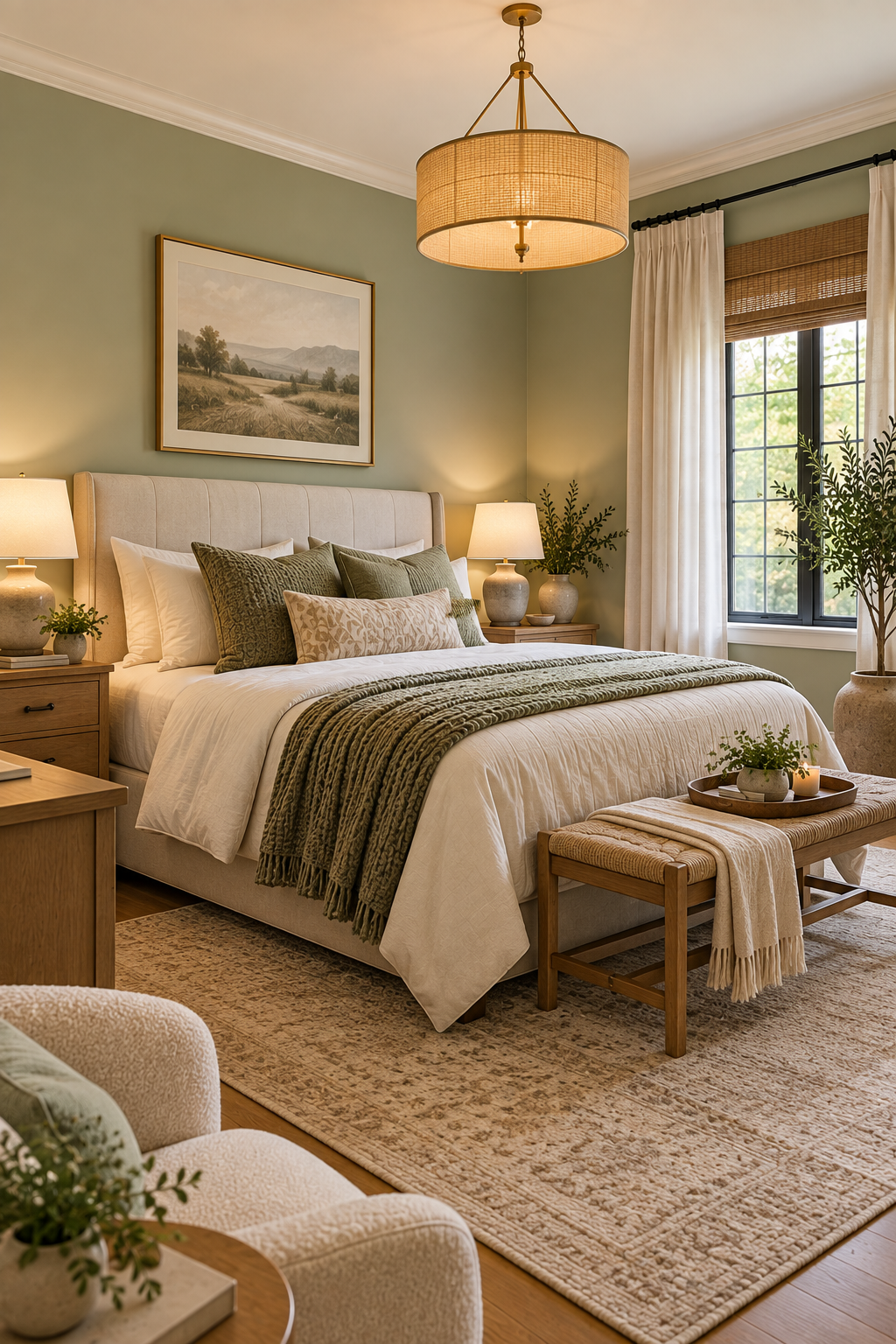 Pale sage green walls bringing a fresh brighter feeling to a low-light bedroom