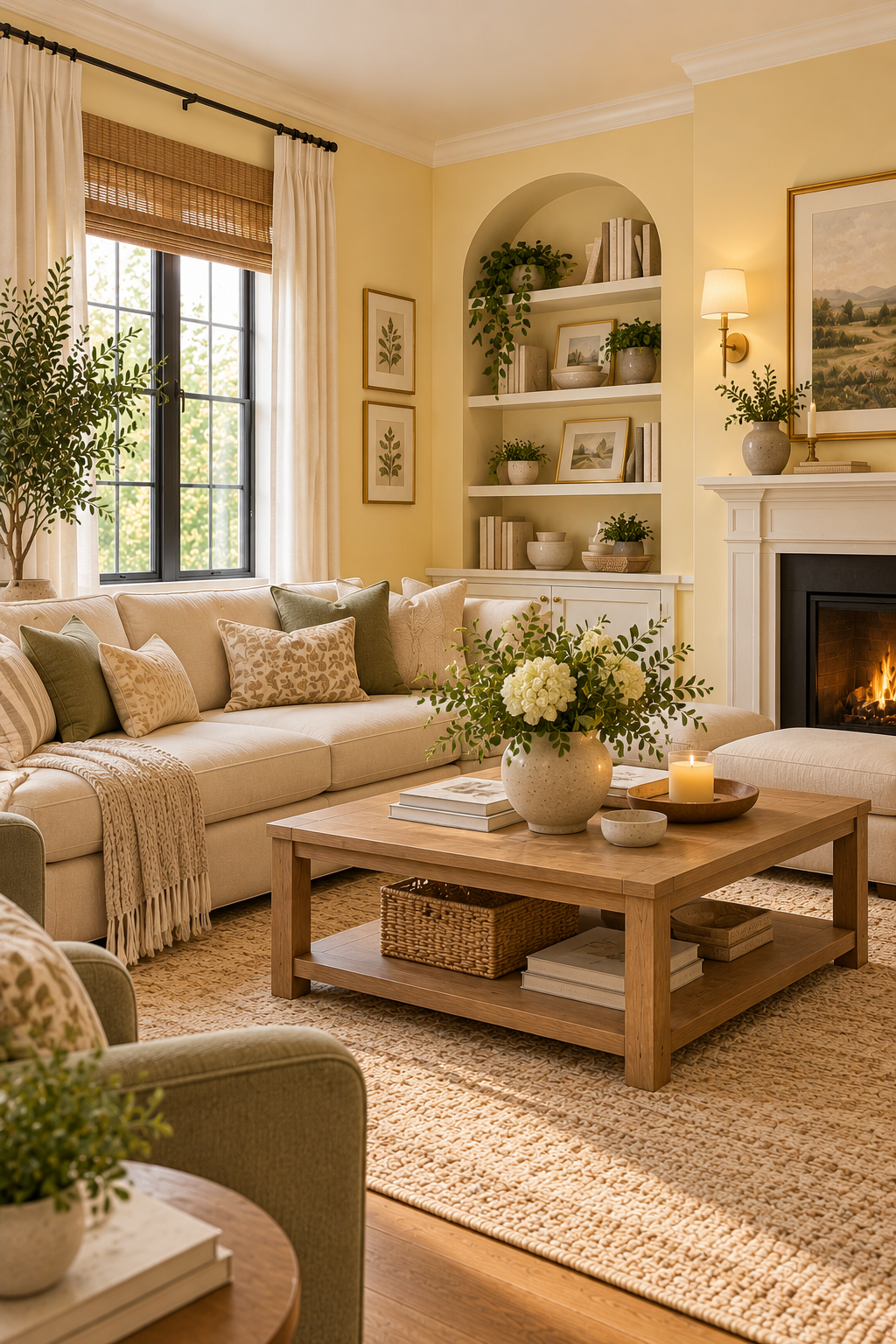 Pale warm yellow walls giving a low-light living room a soft bright and sunlit feeling