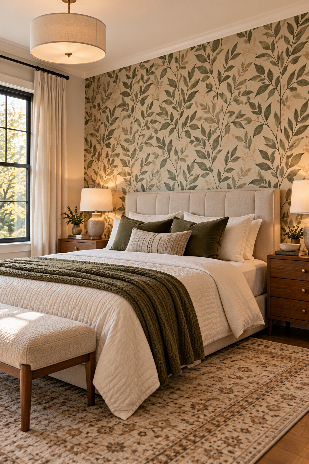 budget-friendly bedroom makeover with neutral peel and stick botanical wallpaper