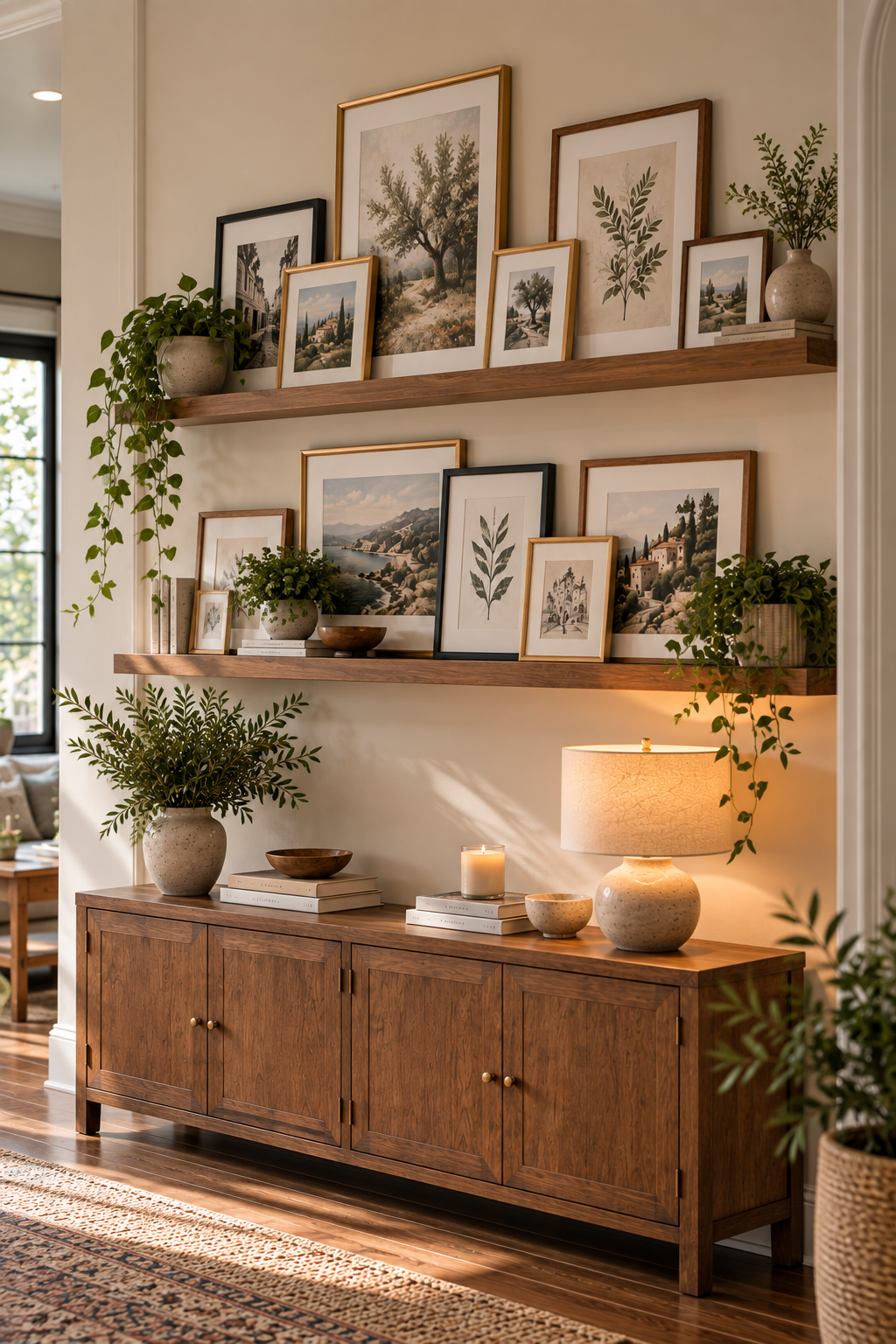 picture ledge gallery wall with layered picture frames and artwork