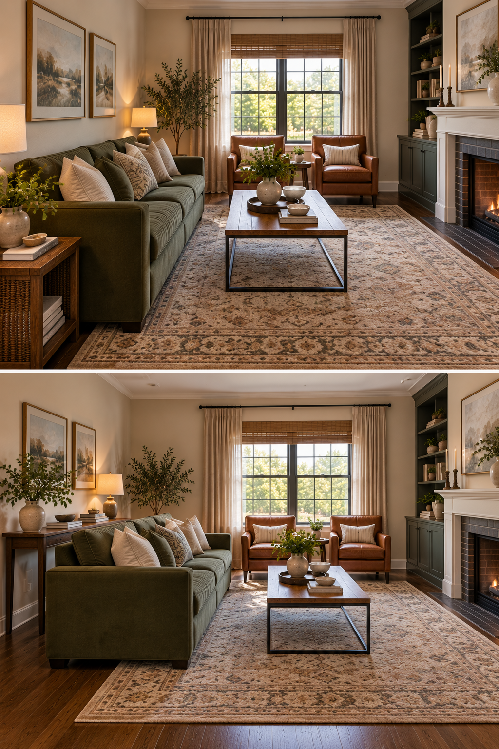 Furniture pulled away from the walls in a small living room