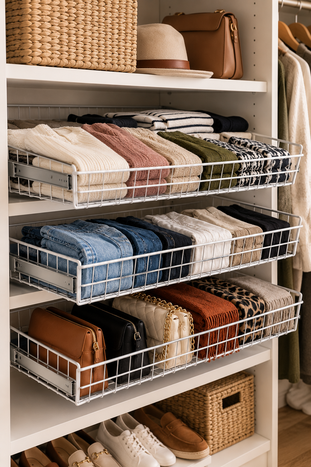pull out closet storage baskets organizing folded clothes and accessories