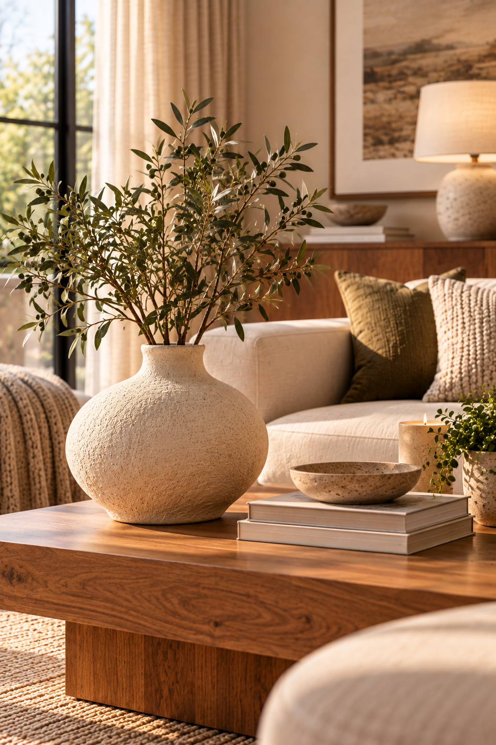 Sculptural ceramic vase styled in a warm minimalist living room
