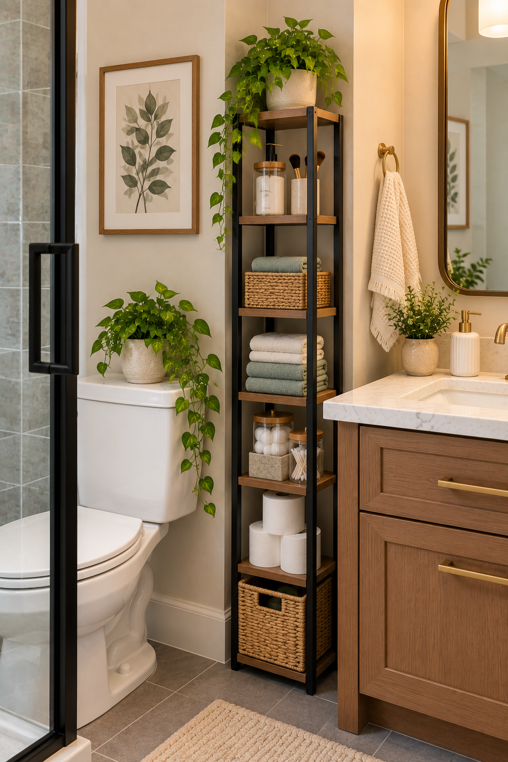 Slim freestanding bathroom shelf storing towels and toiletries in a narrow space