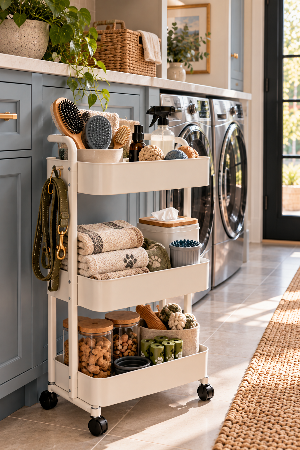 slim rolling cart organized with dog grooming and pet care supplies