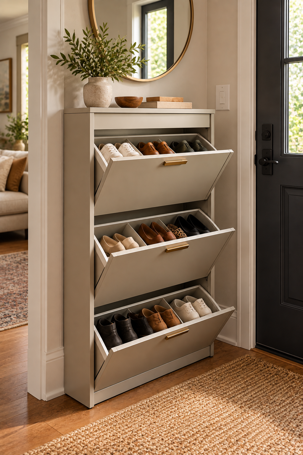hidden storage ideas for small homes with slim tilt out shoe cabinet