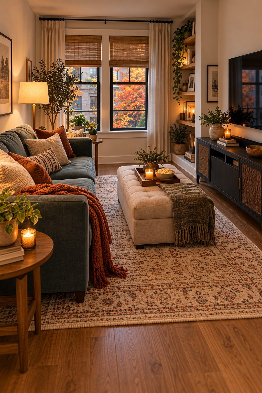small living room sofa and ottoman layout for fall movie nights