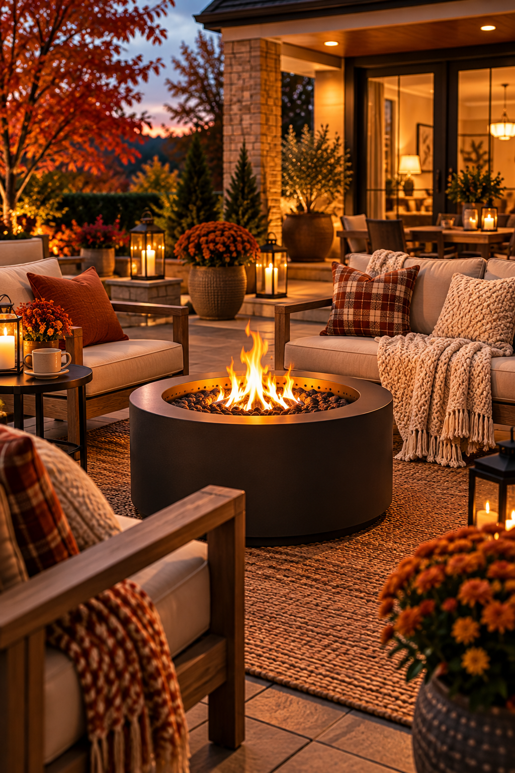 cozy fall patio seating arranged around a smokeless fire pit