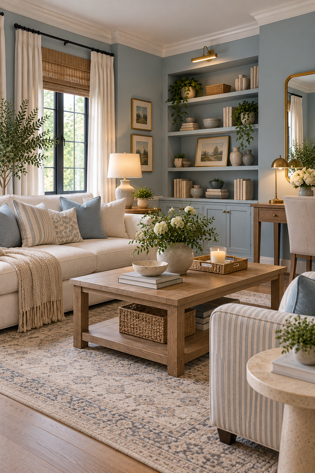 Soft blue walls giving a low-light living room a brighter airy and relaxed feeling