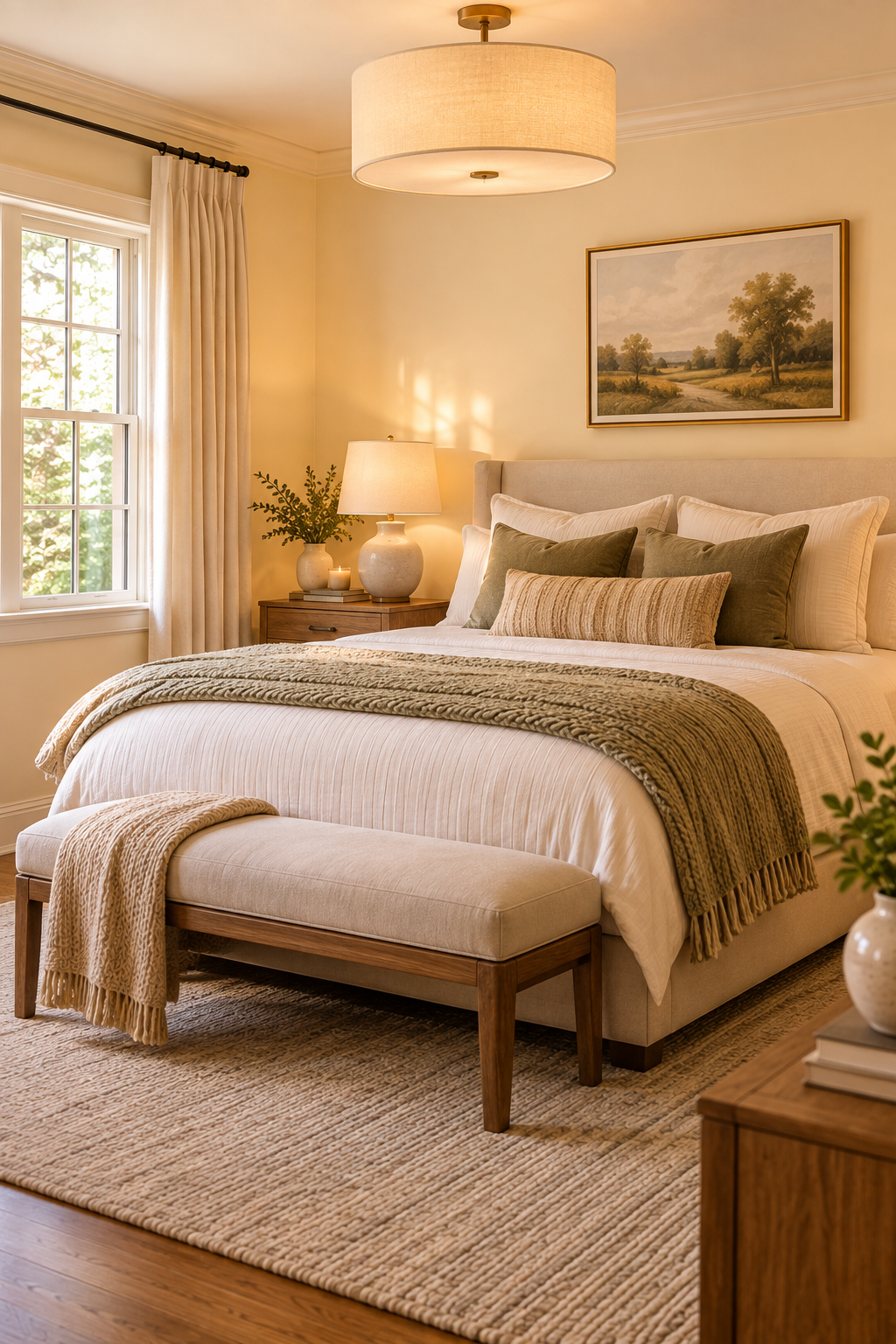 Soft cream walls creating a warm and brighter feeling in a low-light bedroom