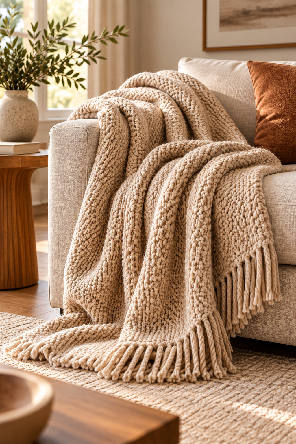 Soft knit throw blanket adding warmth to a minimalist living room