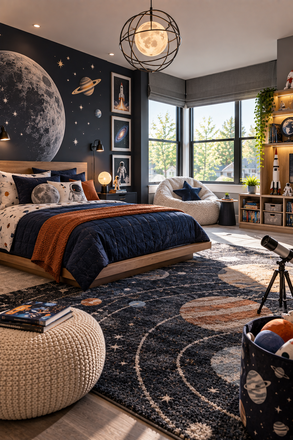 space explorer kids bedroom with space themed bedding and planet decor