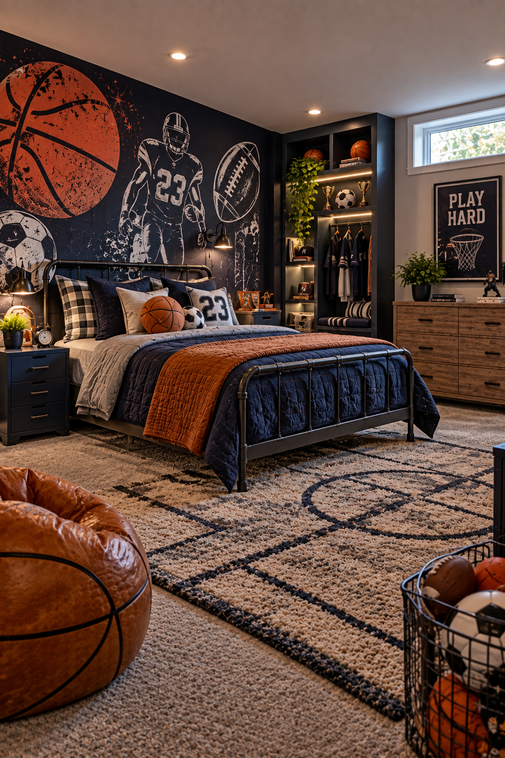 sports themed kids bedroom with athletic bedding and basketball football decor