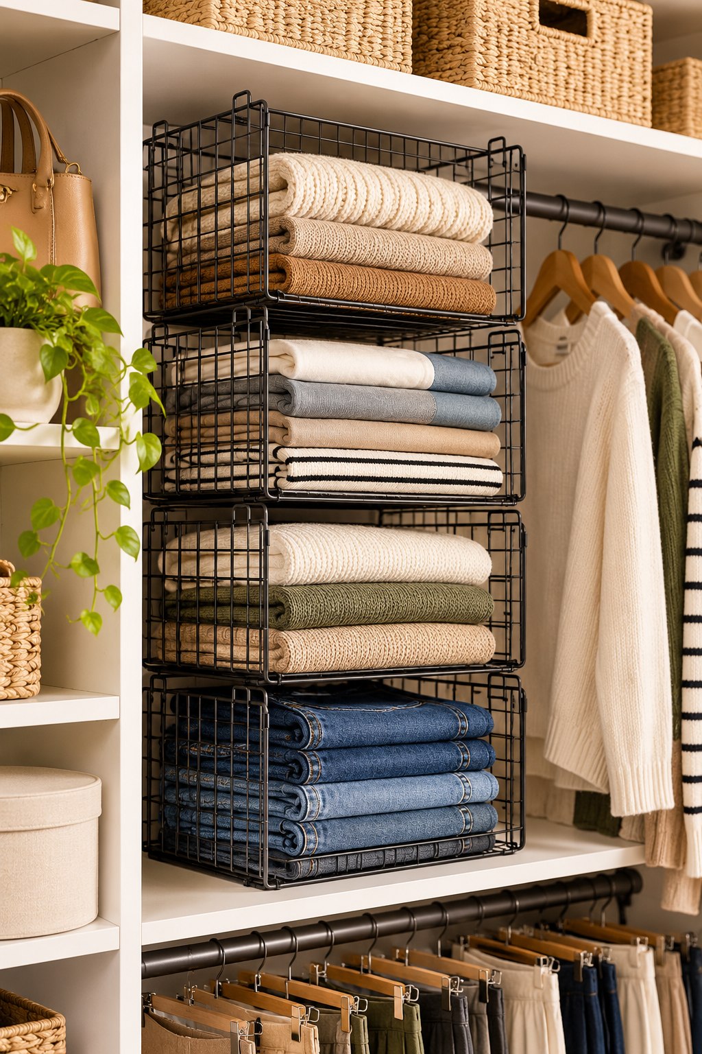 stackable wire storage baskets organizing folded clothes on a closet shelf
