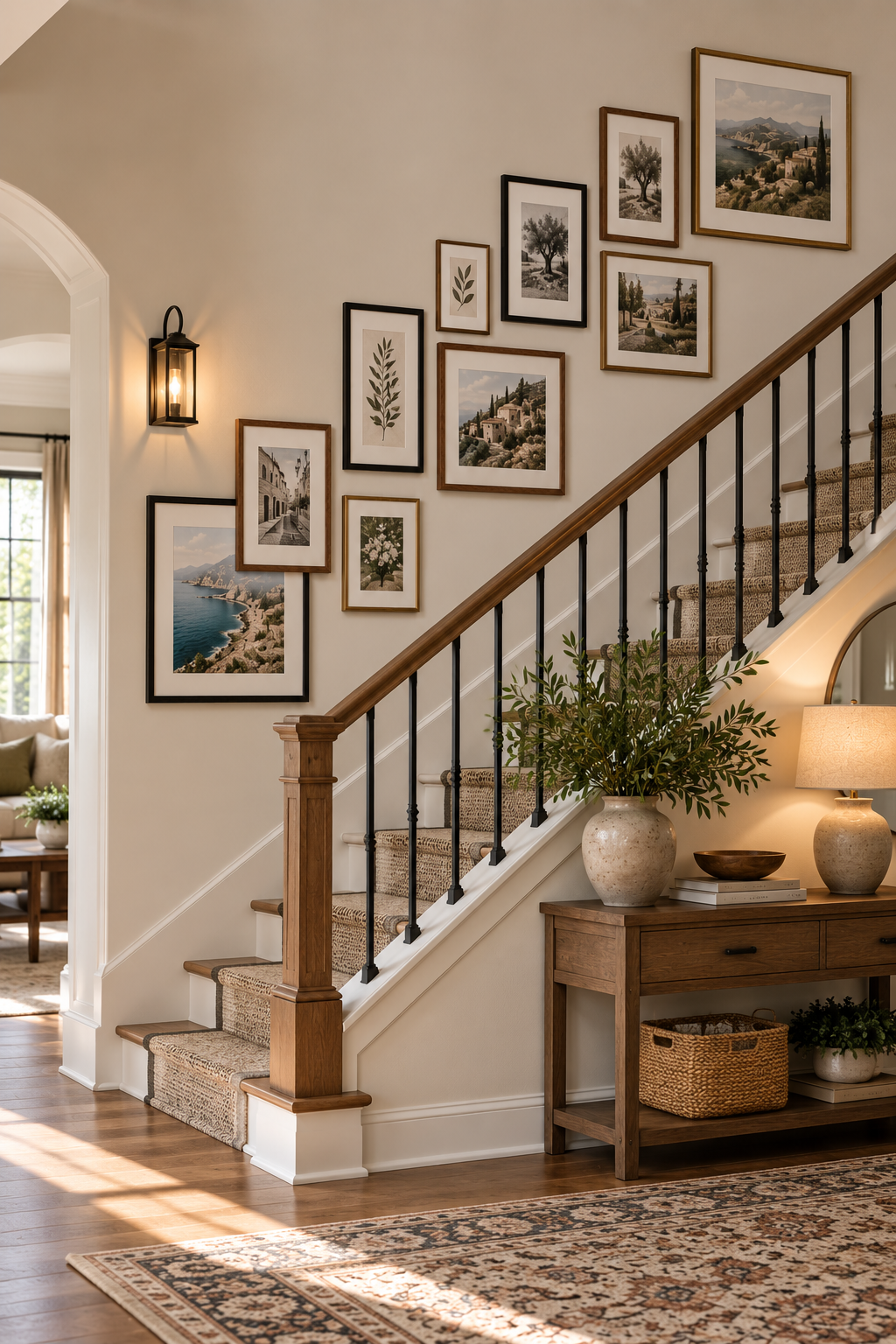 gallery wall layout following the angle of an American staircase