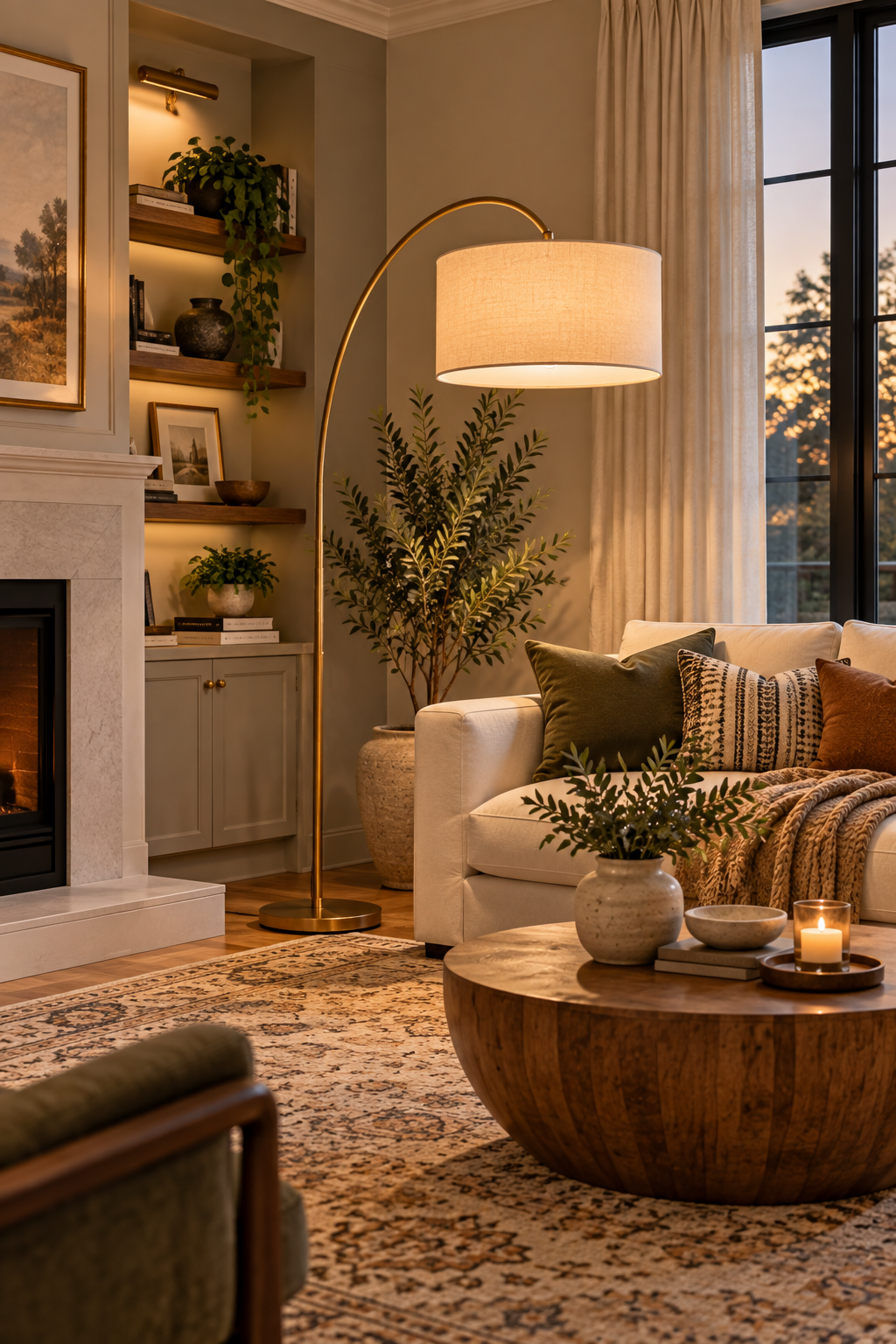 budget-friendly living room makeover with modern statement floor lamp