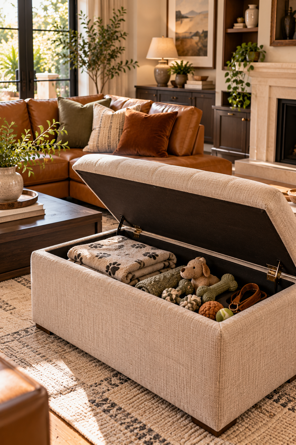 upholstered storage ottoman with hidden space for dog toys and blankets