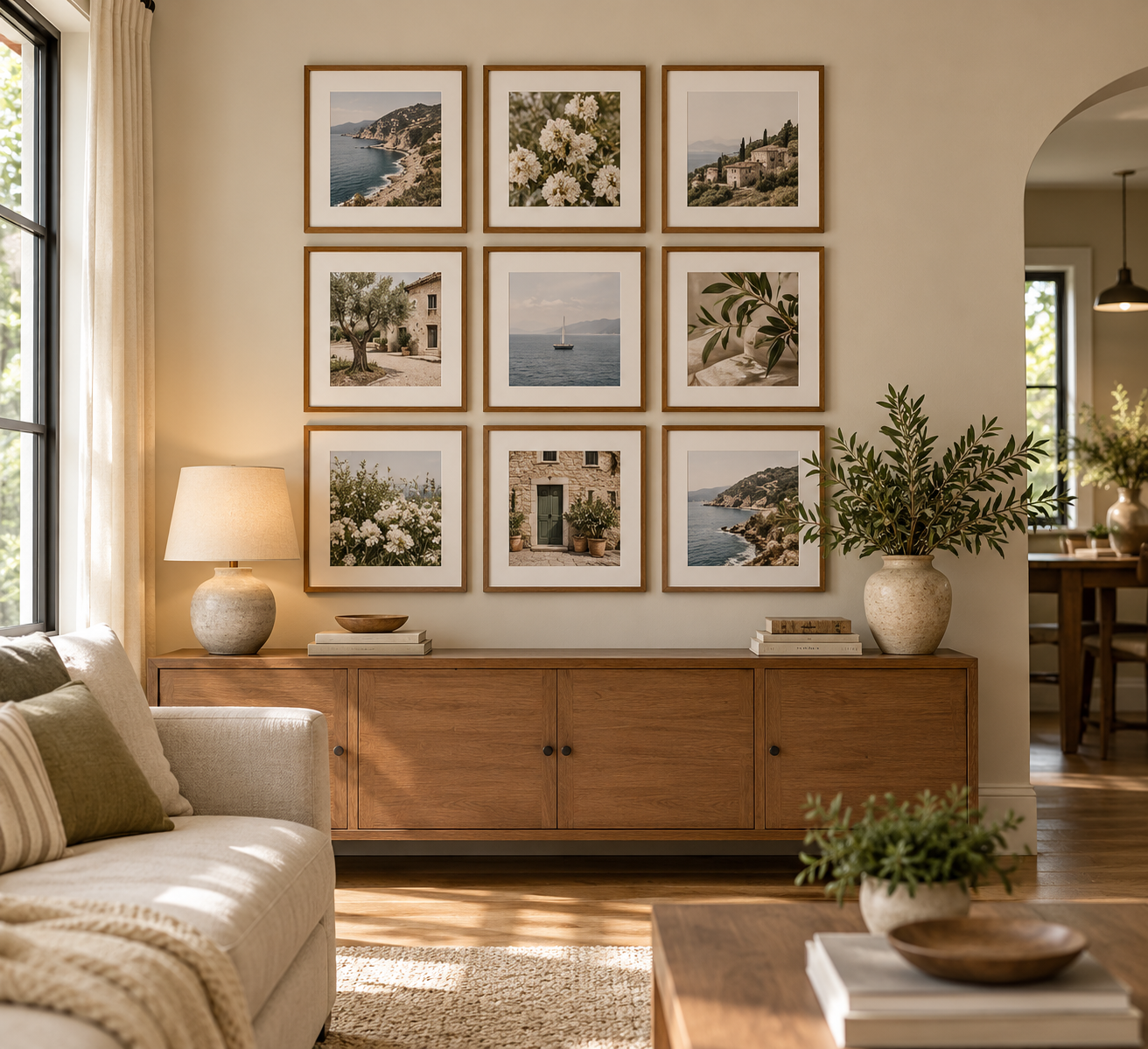 symmetrical 3x3 gallery wall layout with nine matching picture frames