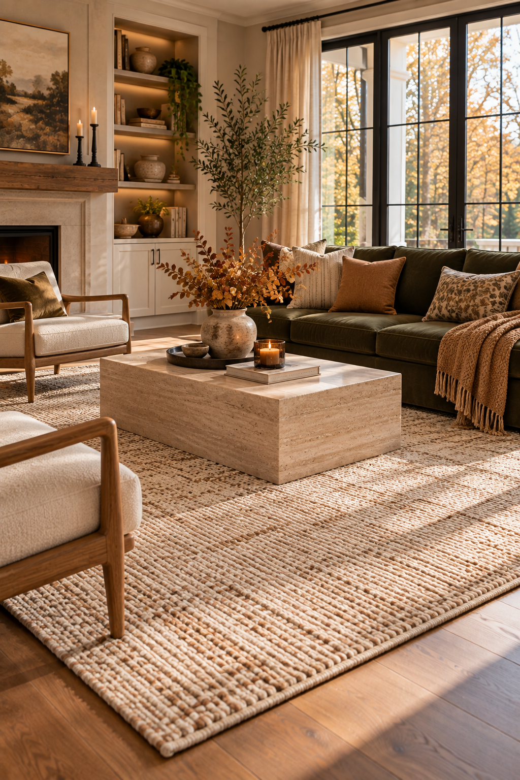 textured neutral area rug adding natural warmth to fall home decor
