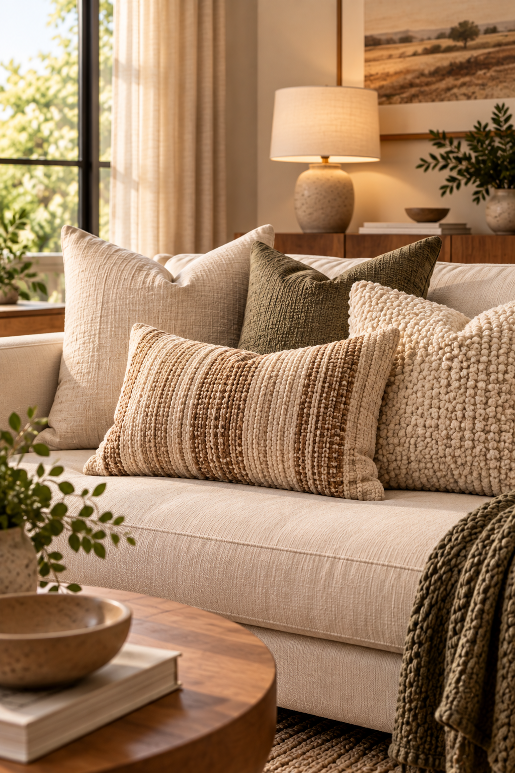 Textured neutral throw pillow covers adding warmth to a minimalist living room