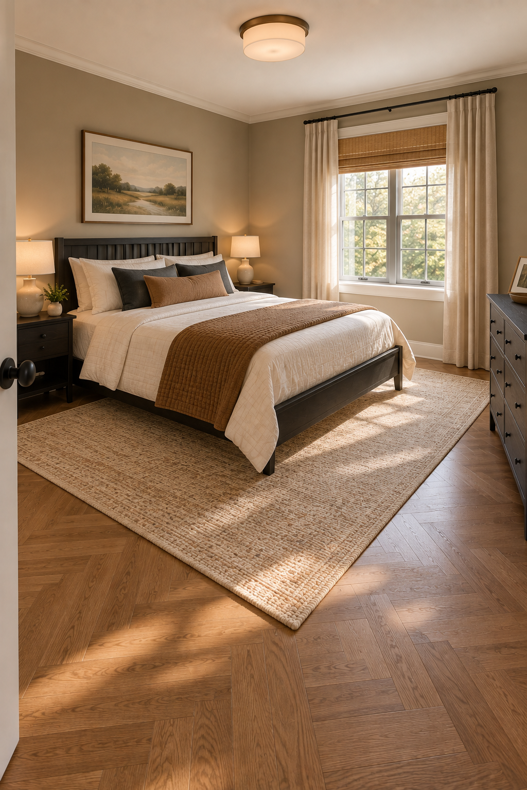 Bedroom with fewer properly scaled furniture pieces and open floor space for comfortable movement