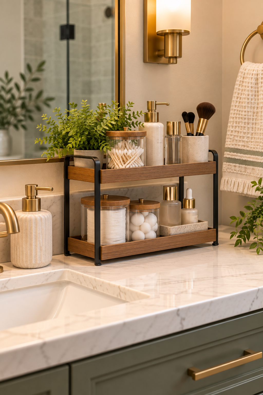 Two-tier bathroom countertop organizer for toiletries and everyday essentials