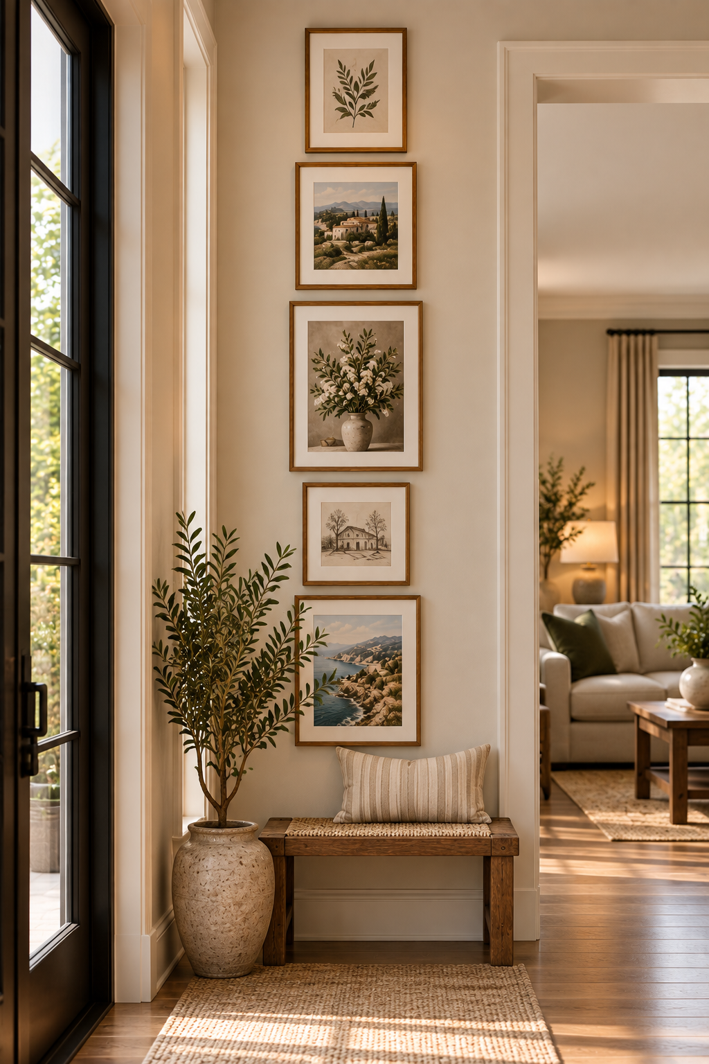 vertical gallery wall layout decorating a narrow wall between doorways