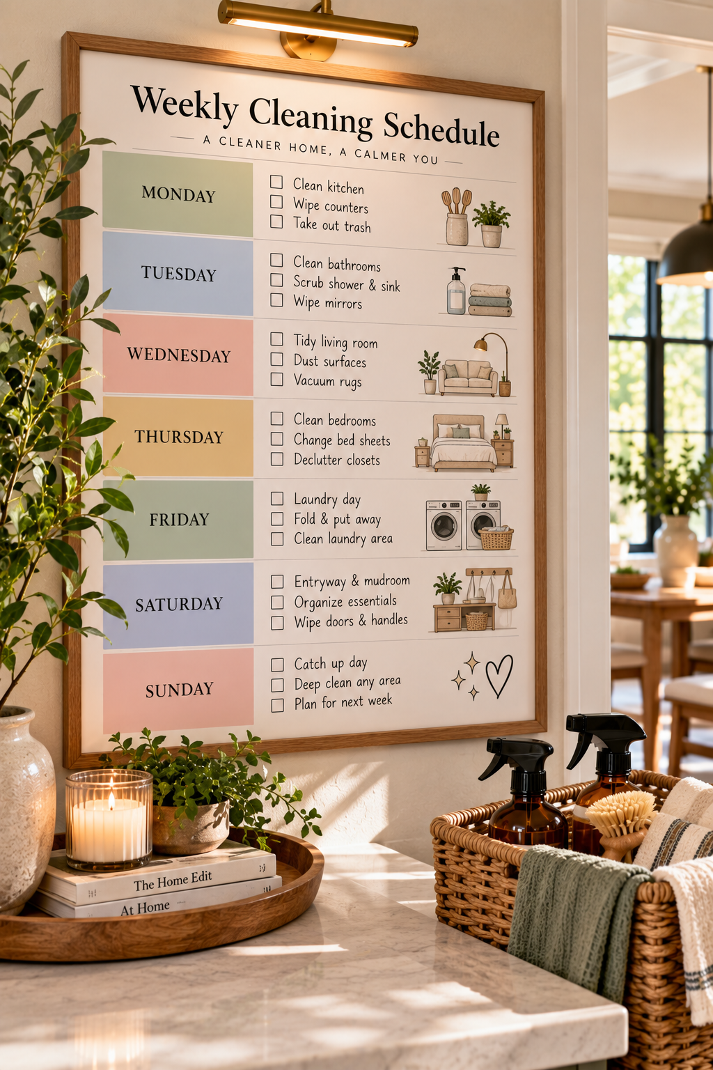 Visible weekly home cleaning schedule with simple household tasks organized from Monday through Sunday