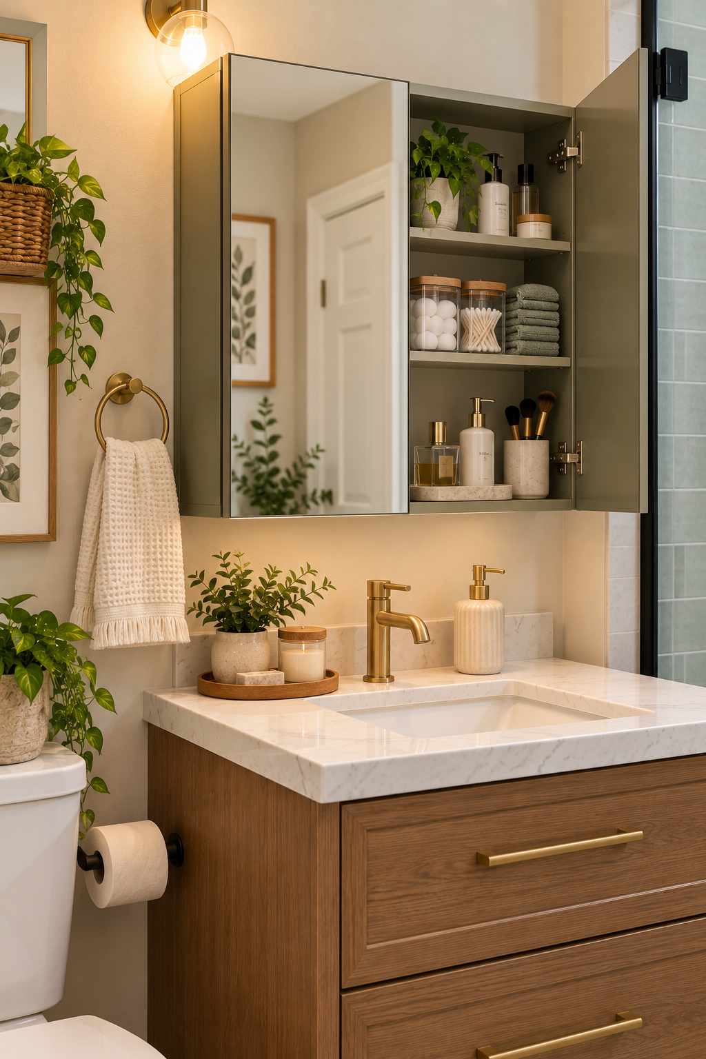 Wall-mounted mirrored bathroom cabinet providing hidden storage above a small bathroom sink