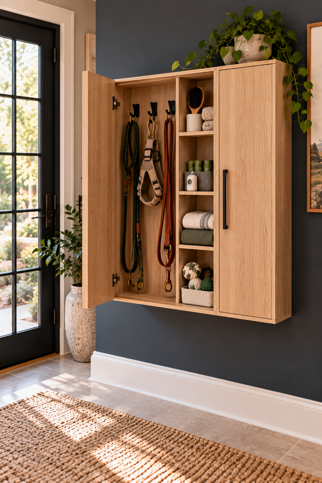 wall mounted cabinet organizing dog leashes harnesses and pet supplies